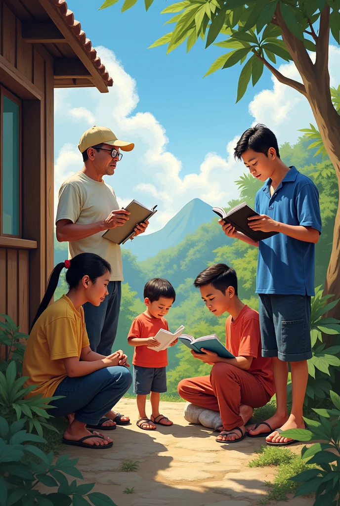 A picture of Filipinos from different sectors of society (child, old man, STUDENTS, worker) who is talking, reading, and writes in Filipino.