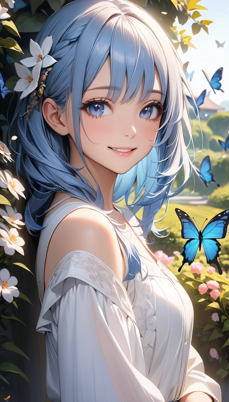 1girl, stocking, best quality, high quality, blue hair, highlight, smile, best quality,masterpiece,ultra-realistic,portrait of 1 beautiful and delicate girl,with a soft and peaceful expression,the background scenery is a garden with flowering bushes and butterflies flying around, (masterpiece), best quality, expressive eyes, perfect face
