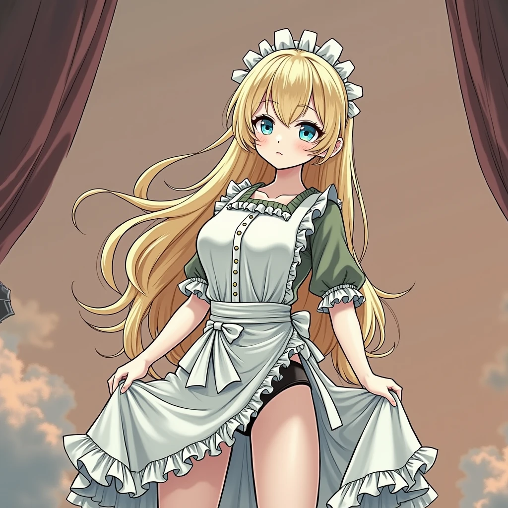 1girl, blonde hair, long hair, blue eyes, lolita fashion, gothic lolita, apron, dress, undressing, lifted by self, panties, panty pull, unreal engine, anime style, highly detailed, photorealistic, 8k, hyper detailed, intricate detail, dramatic lighting, dramatic colors, chiaroscuro, cinematic composition, volumetric lighting, volumetric fog, studio lighting, cinematic render, beautiful detailed eyes, beautiful detailed lips, extremely detailed face and eyes, long eyelashes