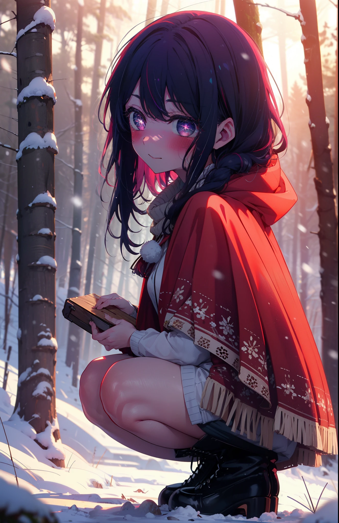 aihoshino, Ai Hoshino, Long Hair, bangs, (Purple eyes:1.1), Purple Hair, (Symbol-shaped pupil:1.5), smile,,smile,blush,white breath,
Open your mouth,snow,Ground bonfire, Outdoor, boots, snowing, From the side, wood, suitcase, Cape, Blurred, , forest, White handbag, nature, Squat, Mouth closed, Cape, winter, Written boundary depth, Black shoes, red Cape break looking at viewer, Upper Body, whole body, break Outdoor, forest, nature, break (masterpiece:1.2), Highest quality, High resolution, unity 8k wallpaper, (shape:0.8), (Beautiful and beautiful eyes:1.6), Highly detailed face, Perfect lighting, Extremely detailed CG, (Perfect hands, Perfect Anatomy),