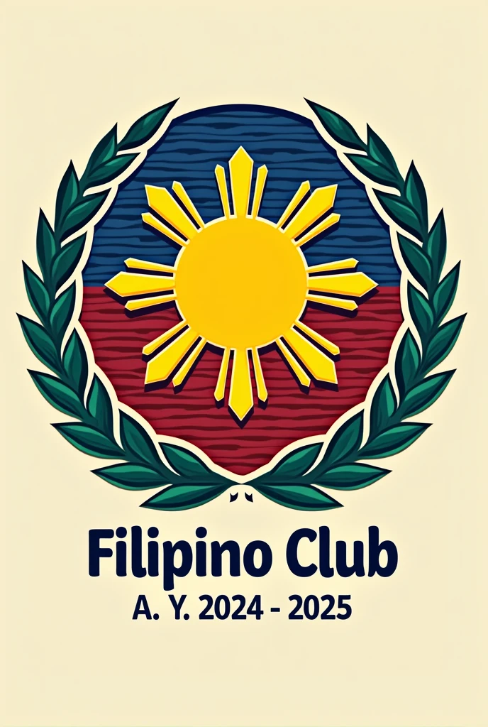 Design a logo for a Filipino club incorporating the following elements: A stylized sun with eight rays, representing the first provinces that revolted against Spanish rule. Use a bright yellow with clean, geometric lines for the sun. Surround the sun with a laurel wreath in deep green, symbolizing honor. Integrate subtle woven patterns or textures in the background using shades of blue and red. Incorporate yellow, blue, red, and white to reflect the colors of the Philippine flag. Include the club’s name Filipino Club A.Y 2024 - 2025 beneath or around the sun in a modern, clean font. Use deep blue or dark red for the text to ensure it stands out against the vibrant background.