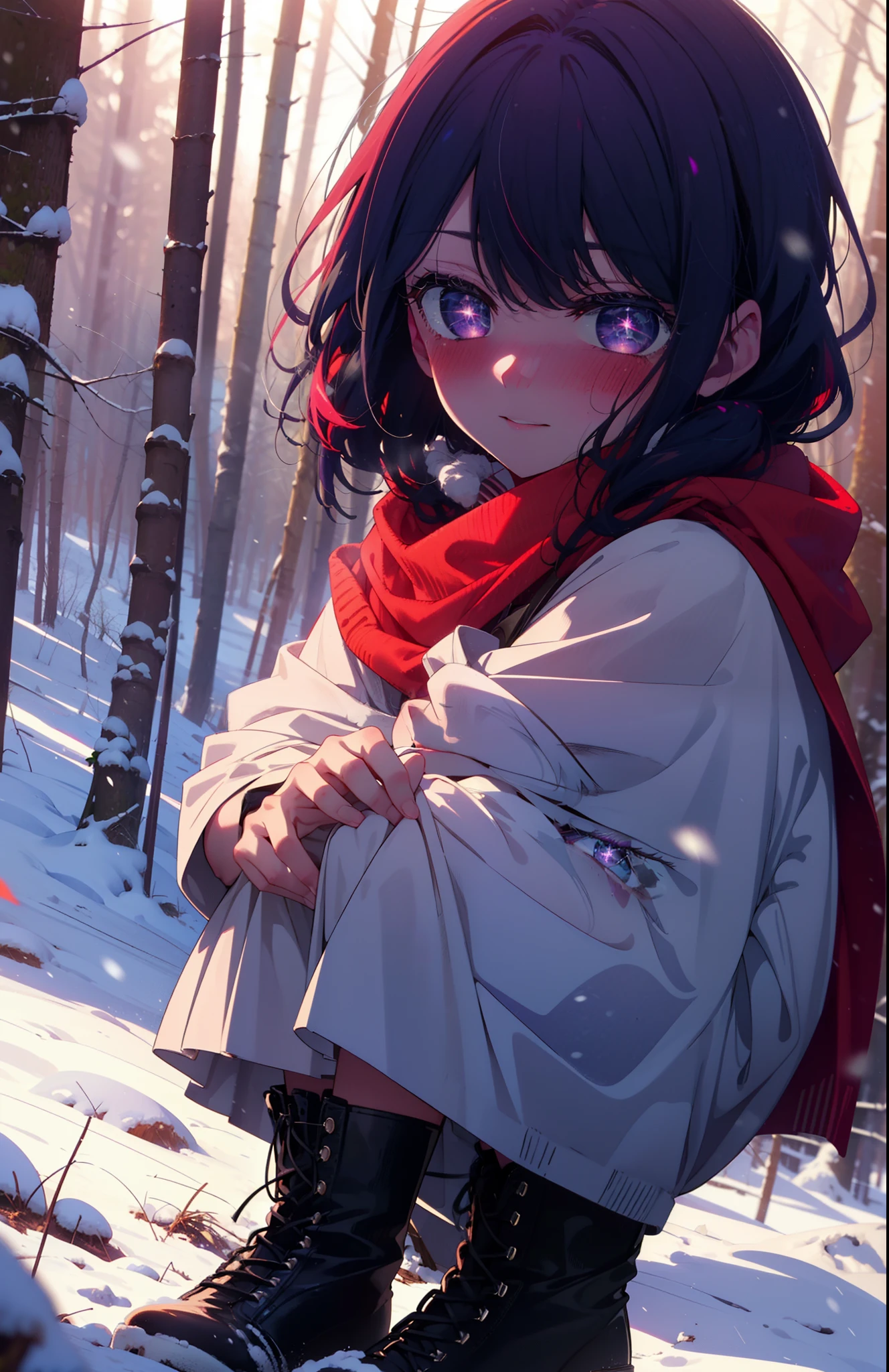 aihoshino, Ai Hoshino, Long Hair, bangs, (Purple eyes:1.1), Purple Hair, (Symbol-shaped pupil:1.5), smile,,smile,blush,white breath,
Open your mouth,snow,Ground bonfire, Outdoor, boots, snowing, From the side, wood, suitcase, Cape, Blurred, , forest, White handbag, nature, Squat, Mouth closed, Cape, winter, Written boundary depth, Black shoes, red Cape break looking at viewer, Upper Body, whole body, break Outdoor, forest, nature, break (masterpiece:1.2), Highest quality, High resolution, unity 8k wallpaper, (shape:0.8), (Beautiful and beautiful eyes:1.6), Highly detailed face, Perfect lighting, Extremely detailed CG, (Perfect hands, Perfect Anatomy),