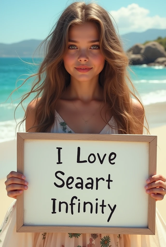 Beautiful girl with wavy long hair, bohemian dress, holding a white board with text "I Love Seaart Infinity" and showing it to the viewer