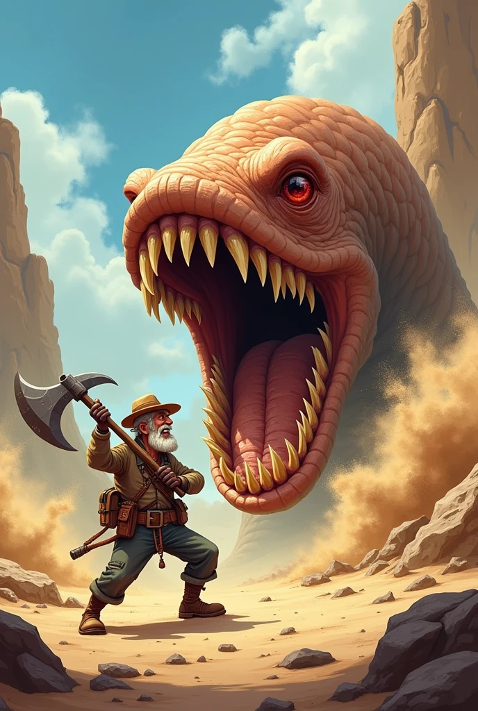 Sandworm fighting with old man miner (Cartoon style)