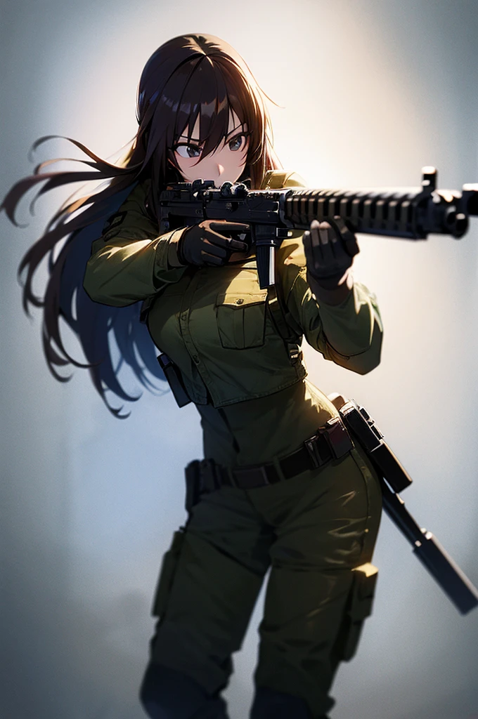 In the spotlight, holding_gun, assault_rifle, Very detailed, Brown Hair, Long Hair, Anime Style, whole body, alone, Stylish Gunfighter Girl, Holding a steampunk long barrel pistol,Standing in the wasteland, 8K high resolution, White Background, The background is a dark and desolate landscape, Horror movie atmosphere. Her figure is very beautiful, Emphasizing the dark and crazy elements. Skillfully expressing the effects of light and shadow, Anime girls with guns and rifles, from Girls&#39; Frontline, mechanized soldier girl, Girls&#39; Frontline style