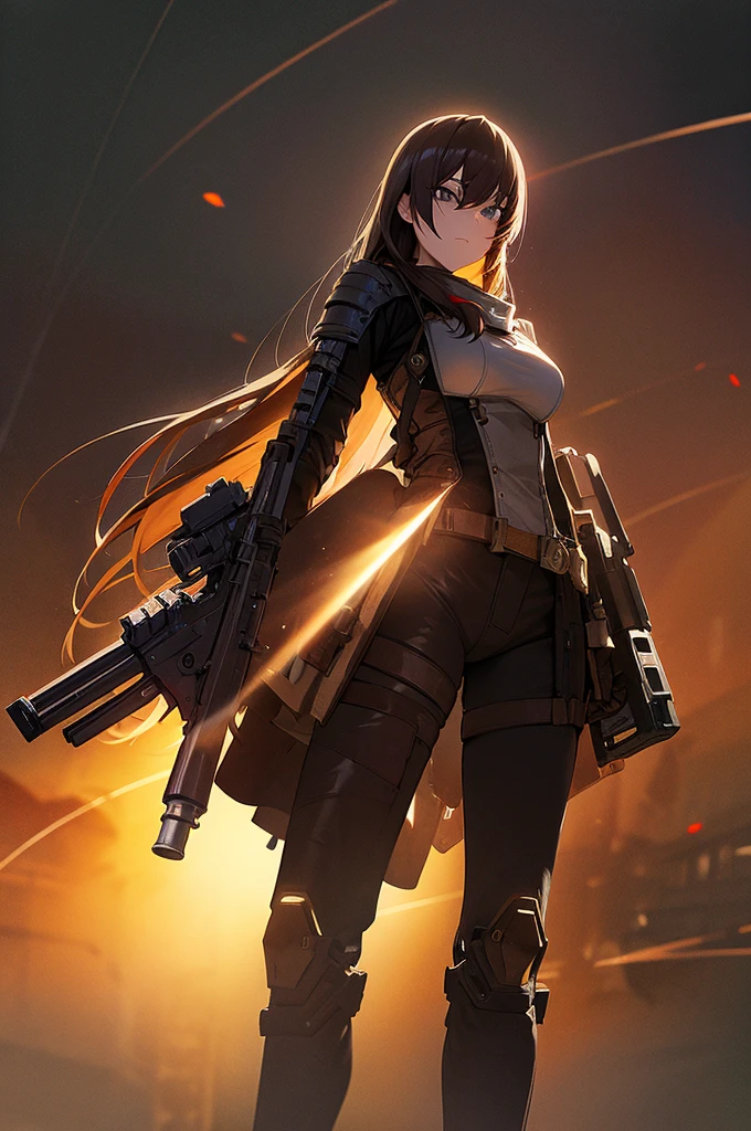 In the spotlight, holding_gun, assault_rifle, Very detailed, Brown Hair, Long Hair, Anime Style, whole body, alone, Stylish Gunfighter Girl, Holding a steampunk long barrel pistol,Standing in the wasteland, 8K high resolution, White Background, The background is a dark and desolate landscape, Horror movie atmosphere. Her figure is very beautiful, Emphasizing the dark and crazy elements. Skillfully expressing the effects of light and shadow, Anime girls with guns and rifles, from Girls&#39; Frontline, mechanized soldier girl, Girls&#39; Frontline style