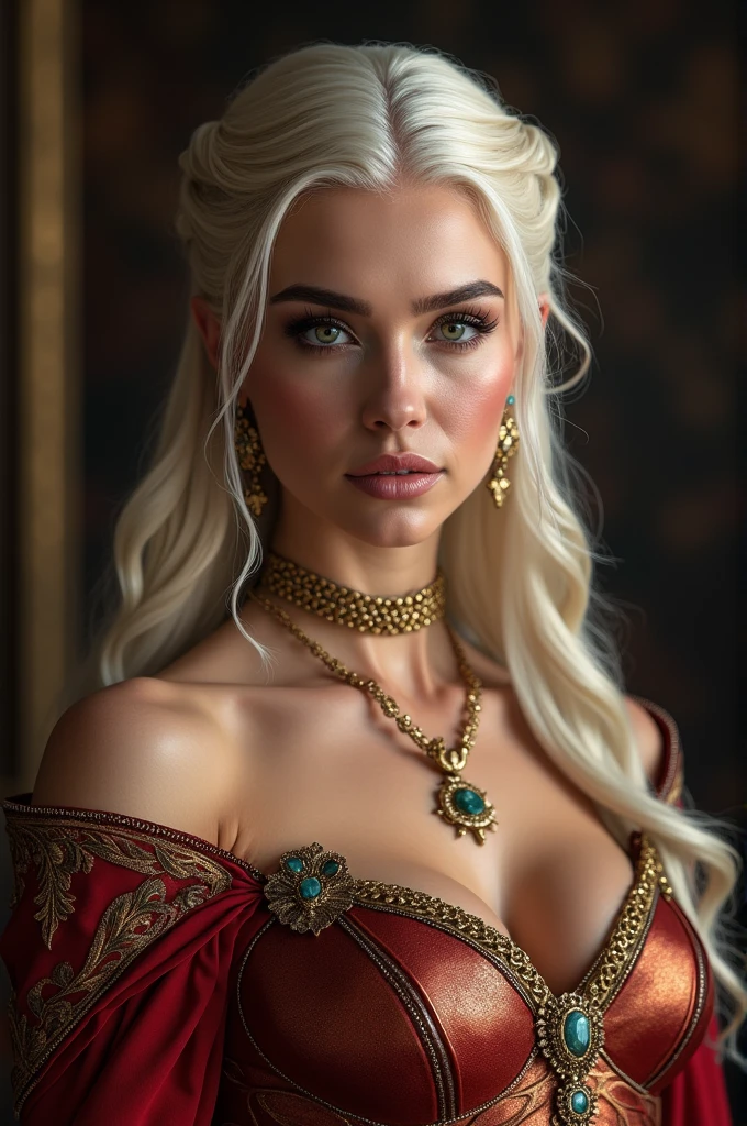 Masterpiece, Daenerys Targaryen, gorgeous woman, queen, Queen-Queen, Princess of Dragonstone, black mole on chest, The Unburnt, Queen of Meereen, Queen of the Andals, the Rhoynar and the first men (applicant), Protector of the Seven Kingdoms (Applicant), Khaleesi of the Great Grass Sea, Breaker of Shackles, Mother of Dragons, The One Who Was Promised, Mistress of Dragonstone, 35 years old, she is now a full grinned lady, Beautiful mature lady, The Queen, milf beauty, Mature queen, best quality, a small, charming beauty, a captivating woman, Fully mature MILF body, Lustful queen, Seductive appearance, unparalleled beauty, wonderful breasts, big boobs, Medieval erotic costumes, a Game of Thrones inspired costume, close-up a woman from the Middle Ages, Daenerys Targaryen, Daenerys, resembles Emilia Clarke, Emilia Clarke, scene from "Game of Throne," deep cleavage, warrior princess, healthy body, perfect, thick body, attractive figure, fleshy body, style of " Game of Throne," gorgeous lady, gorgeous woman, Medieval clothing, Stunning woman, 8K, Insane details, Dress made of clothes and jewelry, Perfect hair, Styled hair, High clarity eyes, perfect hands, Perfect fingers, Perfect eyes