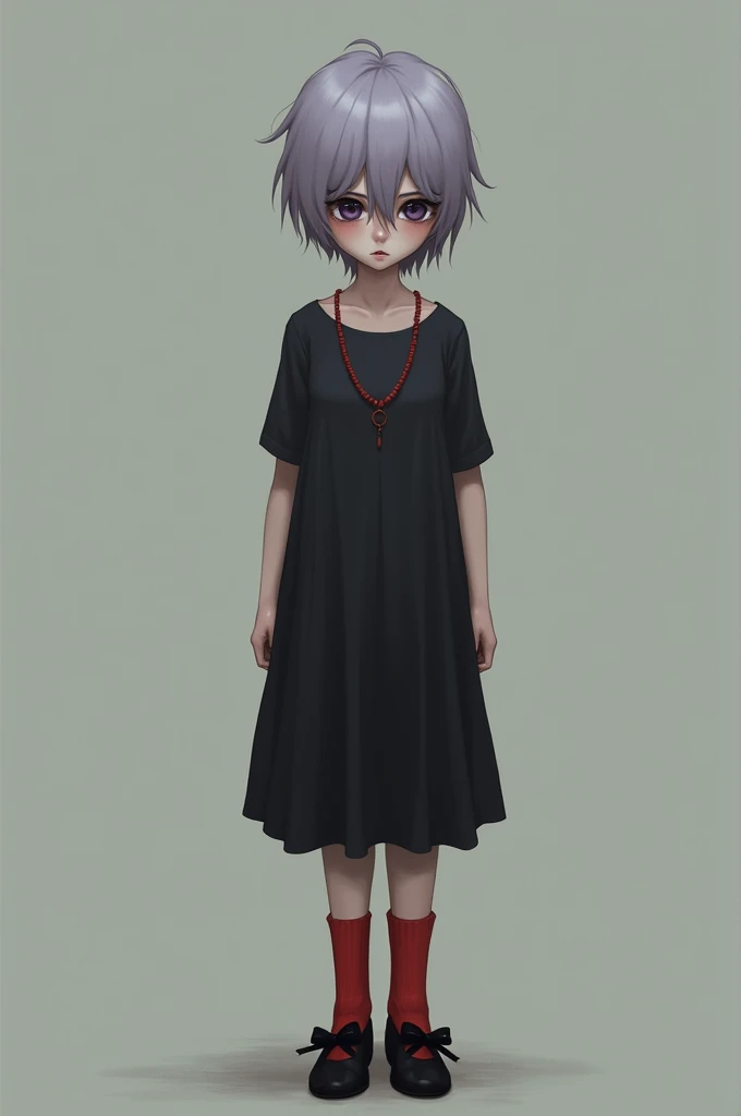 One with dark circles under her eyes short lavender hair wearing a black dress with a necklace red socks black shoes with a bow 