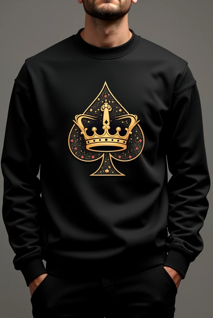 Create me a black sweatshirt with a logo brand with playing cards with a crown in a coma