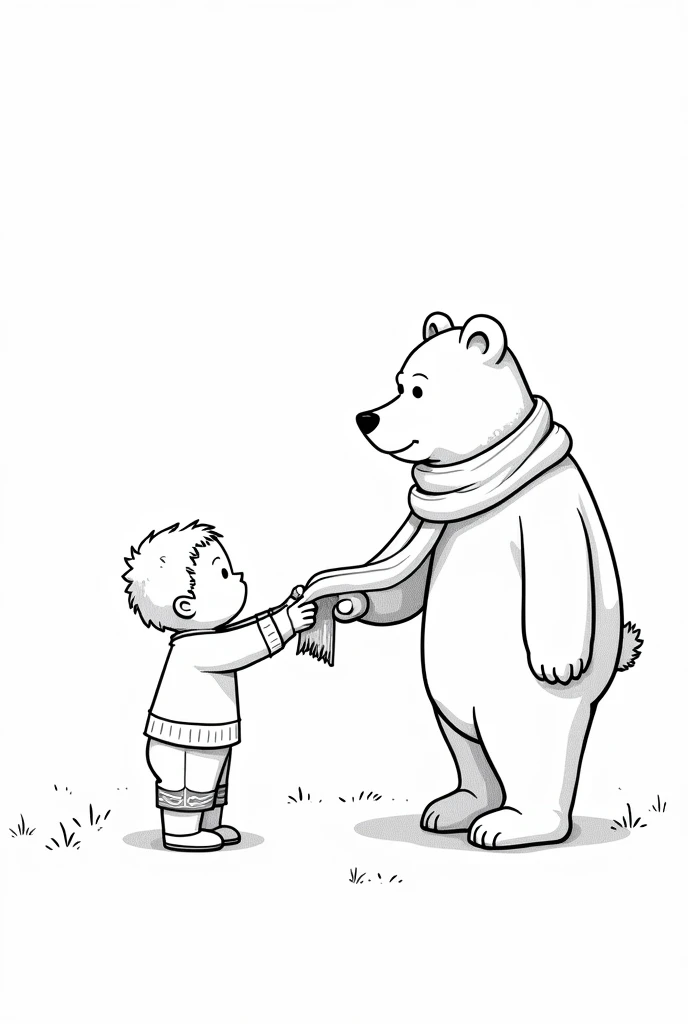 Grandpa bear with scarf in hand handing it to his little grandson, outline illustration for coloring book
