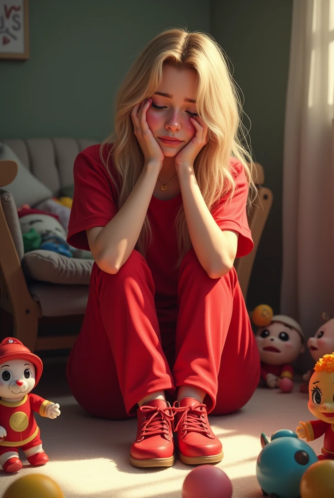 Red pants adidas, red shirt, red shoes, blonde hair, cute pretty crying women, play a toys