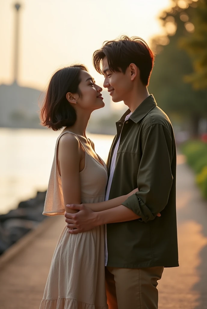 To capture the spirit of the image you've shared but set in Yamashita Park, I'll focus on these key elements: Natural and Intimate Poses: The couple will be standing close, with a similar gentle connection and warm expressions, as they share a quiet, intimate moment together. Full body Casual yet Elegant Fashion: The couple will wear stylish, modern attire with a relaxed feel—perhaps the woman in a light, flowy dress and the man in a casual jacket and trousers, reflecting both comfort and sophistication. Soft, Golden Lighting: The scene will feature warm, golden hour lighting, soft sunlight, casting a romantic glow over the couple and the surroundings. Yamashita Park Setting: The background will include iconic features of Yamashita Park, such as the waterfront with views of Yokohama Bay, lush greenery, blooming flower beds, and perhaps a glimpse of the Marine Tower. The park’s natural beauty will enhance the peaceful and romantic atmosphere. The first person in the photo, a woman, has: Hair: Short, dark hair that is straight and neatly styled just above the shoulders. Face Shape: A smooth, slightly rounded face with soft features. Eyes: Medium-sized eyes with a calm, neutral expression. Complexion: A fair complexion with a natural, slightly rosy tone. Lips: Full lips with a natural color, set in a relaxed, closed-mouth expression. The second person, a man, has: Hair: Short, dark hair that is slightly tousled. Face Shape: A slightly angular face with a defined jawline. Eyes: Focused, giving a profile view, with an intent and concentrated expression. Complexion: A similar fair complexion, with a subtle natural tone. Lips: Lips that are relaxed, slightly curved upwards in a mild expression.　Not holding each other.