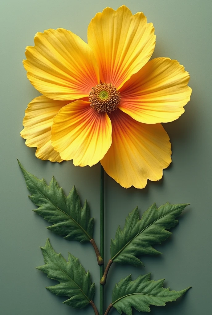 Create a yellow flower ,gray , green, and light red with white stamens