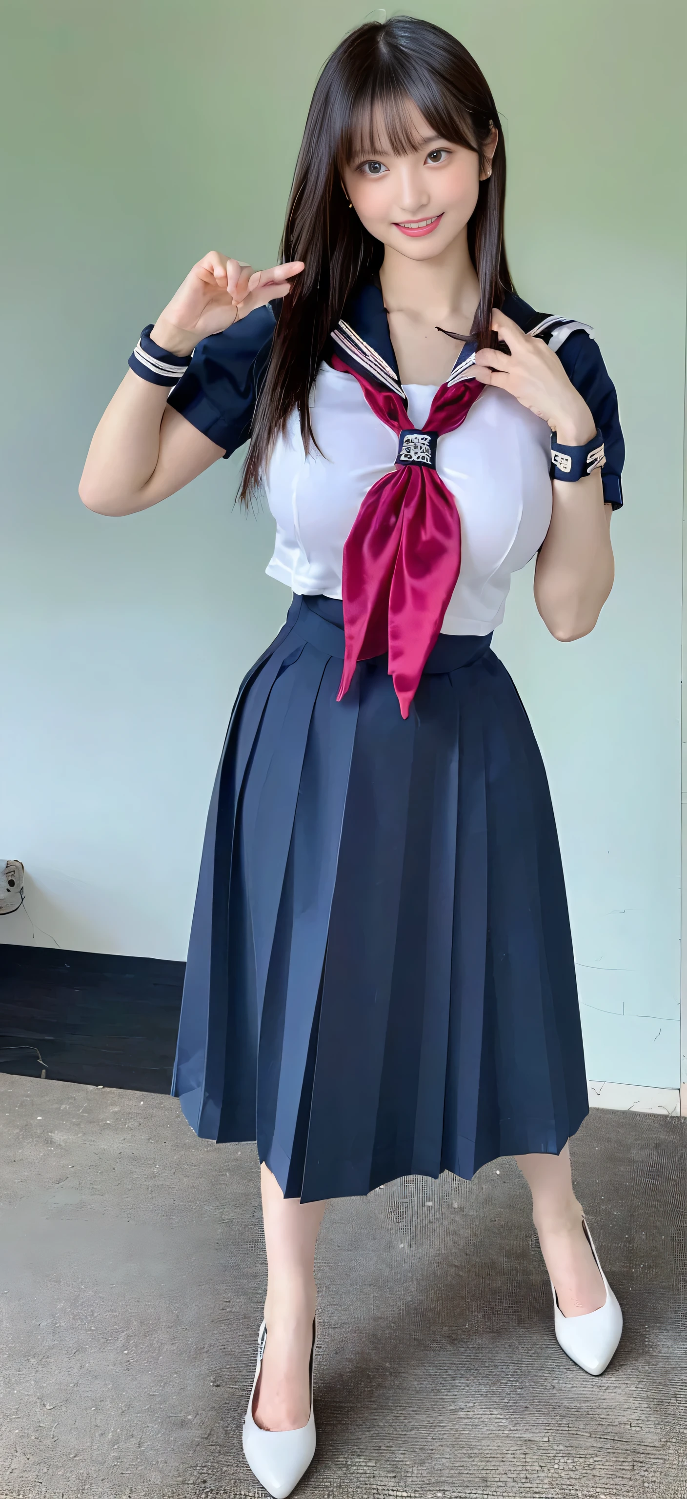 ((Highest quality:1.5))、(Happy expression:1.26)、RAW Photos、(((Ultimate beauty full body photo shoot:1.5)))、((Glowing Skin))、((1 girl)))、Beautiful 18-year-old girl from Tokyo、((18-year-old))、((Height: 155cm))、young、Young Face、、Bright Eyes、Detailed face、Fascinating、(((A body as voluptuous as an adult)))、Waistline、belly button、Exposing the belly button、Small shoulders、Thin arms、Long legs、((Black Hair、Shortcuts:1.45))、skirt、(White socks:1.2)、((Sailor suit、Mini skirt:1.5))、Spread your legs、(((Sit on a chair with your legs wide open:1.75)))、(Micro Skirt、high waist)、((Lift up your skirt to show your panties:1.5))、skirt lift、((Low Angle:1.0))、((Very detailedな))、(Perfectly detailed face)、(Detailed hands) 、(finger details)、(Excellent anatomy)、Photorealistic image masterpiece、最High resolution、Very detailedな、Film Light、Intricate details、High resolution、Very detailed))、Detailed Background、8 time、Digital single-lens reflex camera、Soft Light、High resolution、Film Grain、Fujifilm XT3、Shallow depth of field、Natural soft light、god々、classroom、School Machine、Chair、blackboard、((High heels)), ((Extremely obscene and extremely huge breasts bigger than her face:1.75)), ((((Extremely accurate anatomy))))