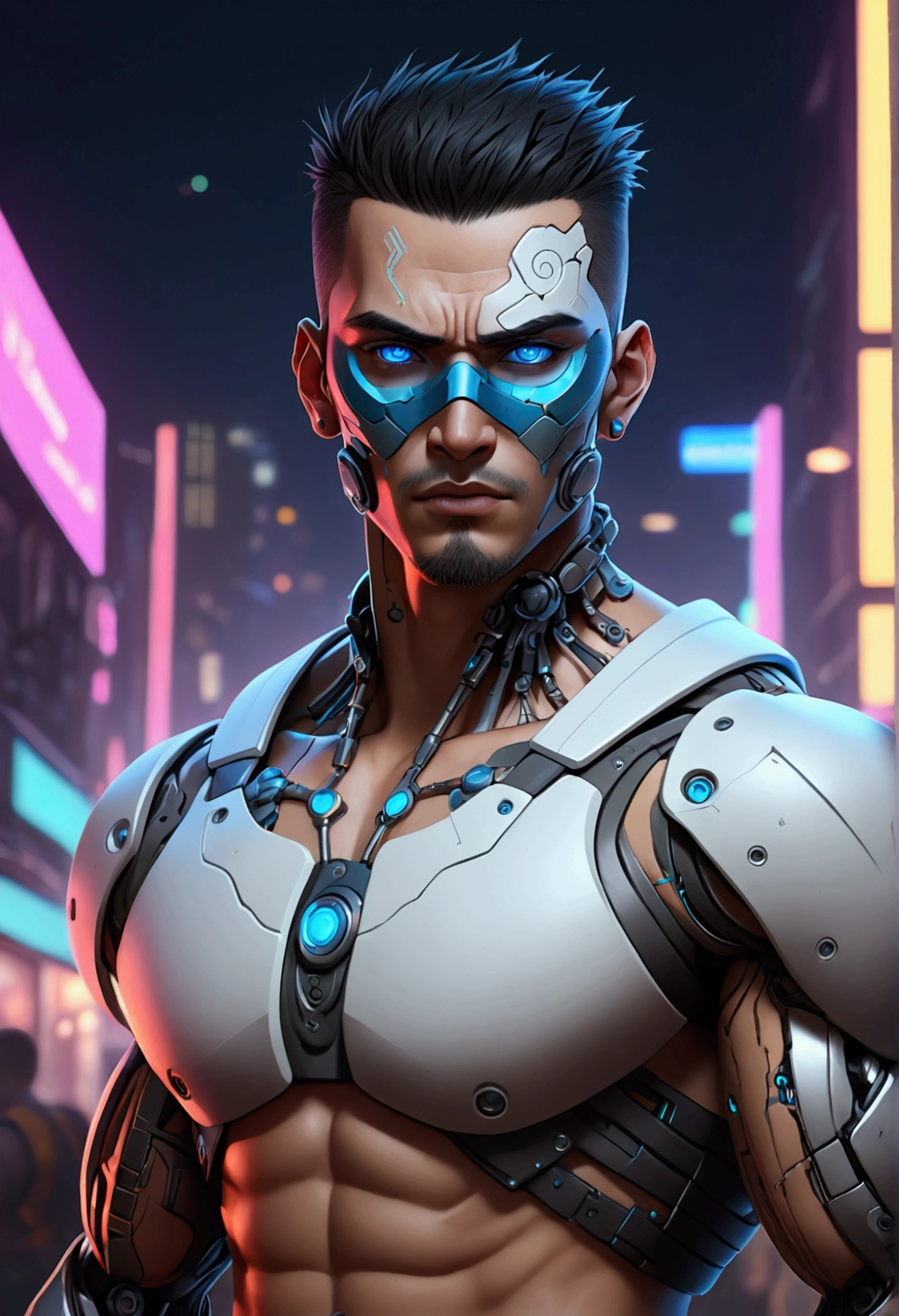 (best quality, Art, animation styling, Full of details), Upper body cut of a man with an Indian warrior feel, A man with a thick facial bone structure, A man with a thick neck and developed trapezius muscles, official anime art illustration, White person with blue eyes, Cartoon of a man wearing a mask on his face, protruding eyes, semi-realistic cyberpunk style, Portrait of a cyberpunk man, cyberpunk art ultrarealistic 8k, cyberpunk style ， hyper realist, cyberpunk character, Trends in ArtStation, Complete movie character, Trends in ArtStation 4k, Cyberpunk Cyborg Upper Body, Realistic upper body like a movie, A perfectly realistic cyberpunk hero., inc썩음ibly detailed, 8k, Ultra HD, Art, best quality, very detailed, convoluted, Expressing the upper body, Show me your waist, Cyborg, a machine-to-human ratio, Chest area full of visible machine parts, Machine parts for abs too, All below the neck is mechanical, Attaching machine parts to the face, Strong light emission on waist belt, A brightly lit city background, dark colored machine, full body pose, whole body