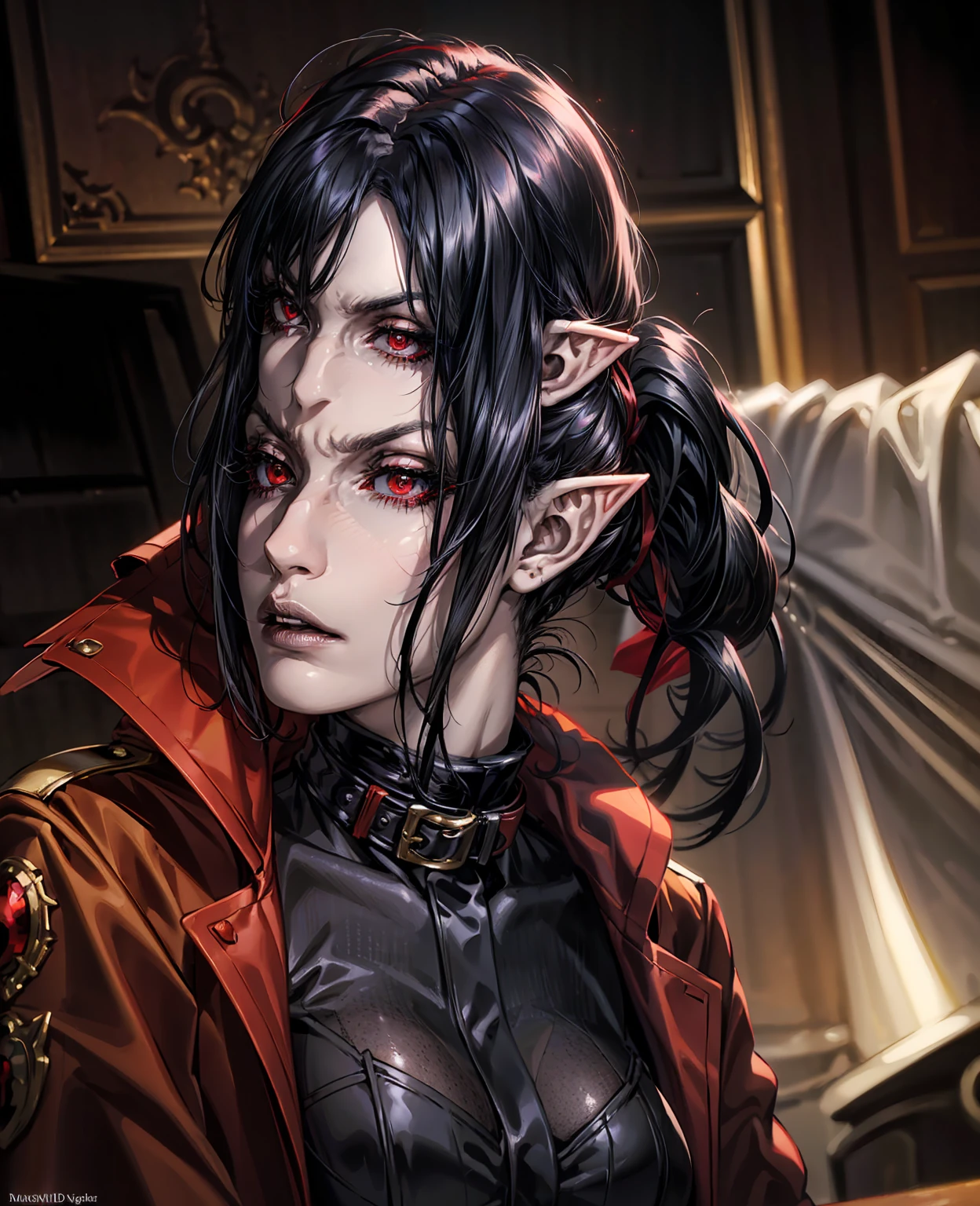 detailed portrait of a devilish woman, pale skin, black hair, intense red eyes, elf-like costume, dark mysterious setting, masterpiece, photorealistic, cinematic lighting, dramatic composition, highly detailed face and features, intricate costume design, atmospheric background, moody colors, dramatic lighting