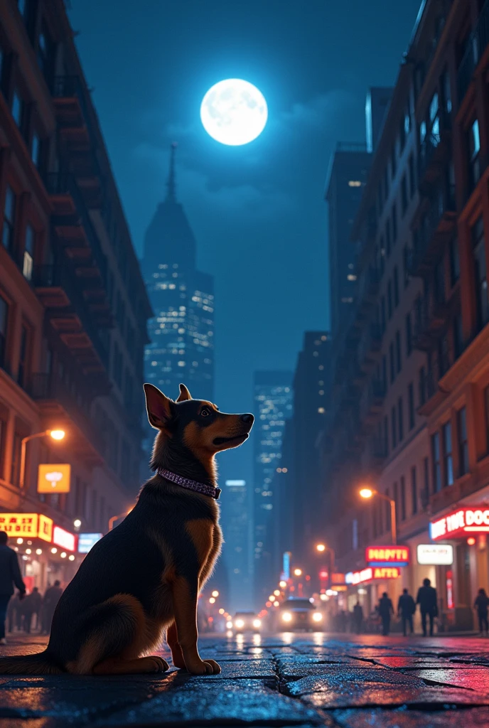 New York street with a dog looking at the moon 