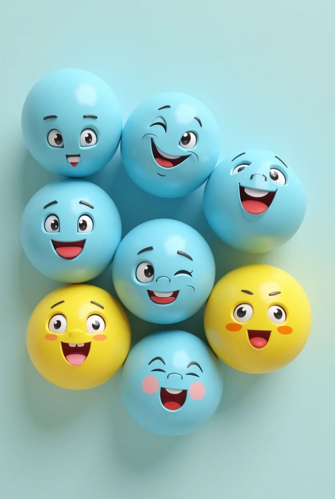 5 blue smiley balls and 3 yellow smiley balls in two rows