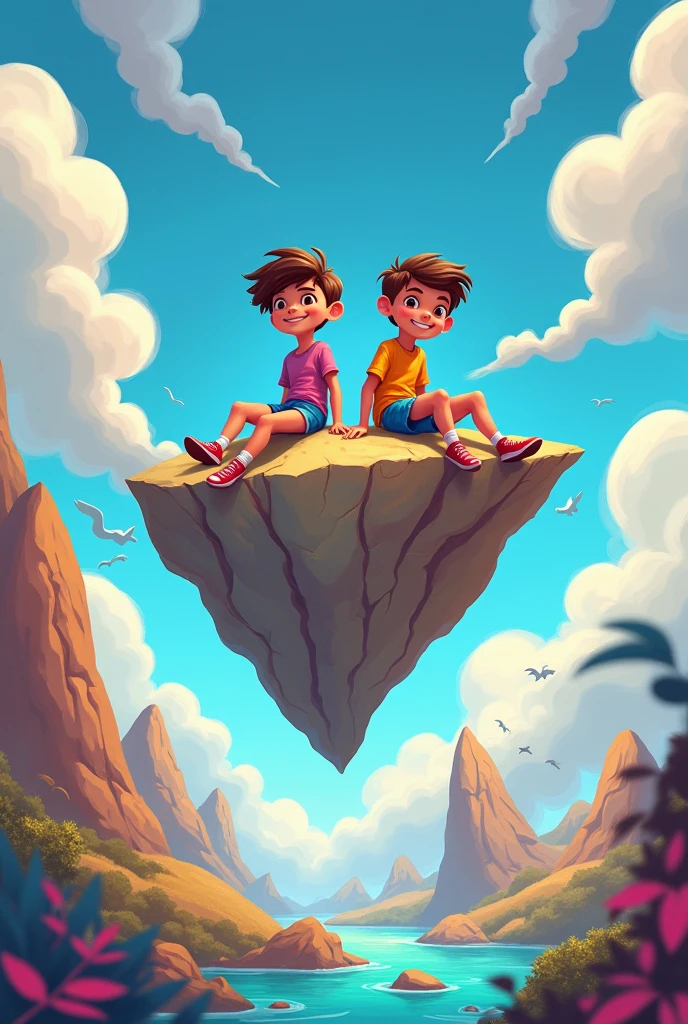 Two teenagers cartoon sitting in floating rock