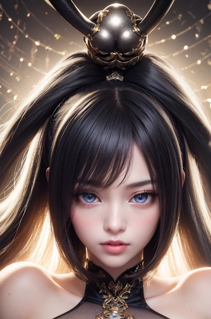 Realistic、(masterpiece、Highest quality、Highest quality、Official Art、Beautiful and aesthetic:1.2)、Very detailed、woman,people々turn black:1.2,((Backlighting:1.2)),Fractal Art、colorful、Short Bob Hair,Highest detail、Tangled、(The background is bright and abstract:1.5)Silver Hair、Bright Eyes、all back、Masseter muscle area,High definition,1peopleの少女、Idol、Close-up、clavicle、picture、movie、Depth of written boundary、Jito Order、Eyes from below,Long Hair,View your viewers、Cleavage,((surrealist clothes:1.4)),Puffy eyes,Sit on,(Big Breasts)