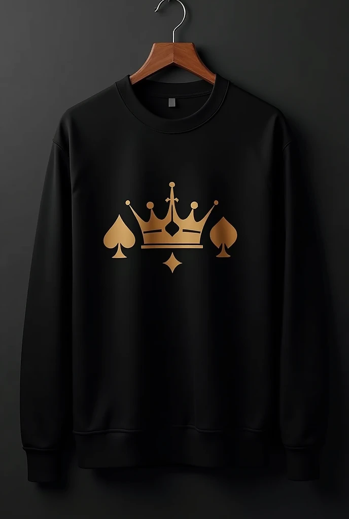 Create me a black sweatshirt with a logo brand with playing cards with a crown in a coma