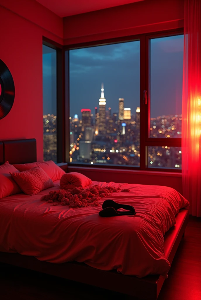 Very realistic image of a bed and a view of a city with many lights, more realistic and human, where the bed is messy with heels on the floor and panties on the bed, no people in the room, just the objects, take the whole room, red lights and some smoke, with a platinum record on the wall, like a slutty image from a very real music album and smoke, just a pair of heels and panties on the red lace bed And the platinum record on the wall