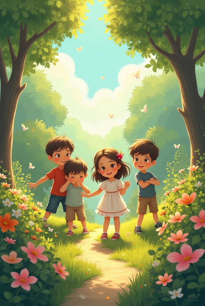 One girl , four boys in garden