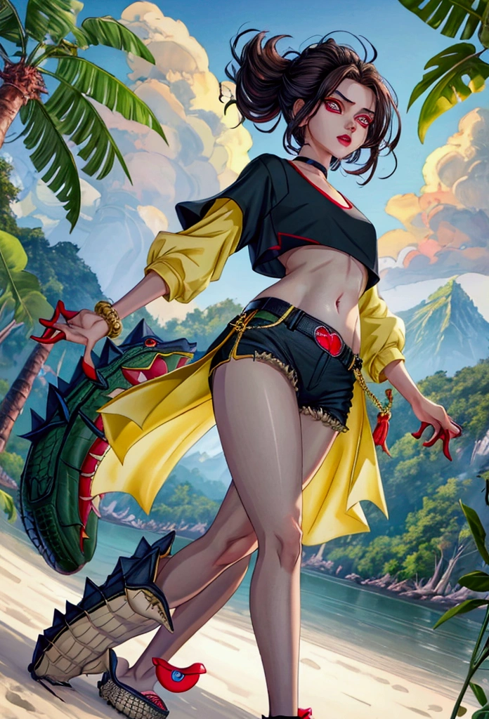 A beautiful brunette girl in her 20's, Her facial features are detailed with small lips and a cute facial expression, courageous look, red eyes no ((wearing black Crocs on her feet,)) Crocs' sole is visible, Her top is a yellow crop-top, revealing her large bulging belly,  The girl is tall, ultra low angle, Mountain and tropic rainforest in the background, ultra-detailed, anime.
 ((The low angle shot emphasizes her height and the drama of the scene)) ((She’s dressed casually but stylishly, with her yellow crop-top making her stand out against the natural setting)), (( The details in her facial features, especially the small lips and unique red eyes, create a chic and captivating look)) ((crocs are visible)), ((big belly))