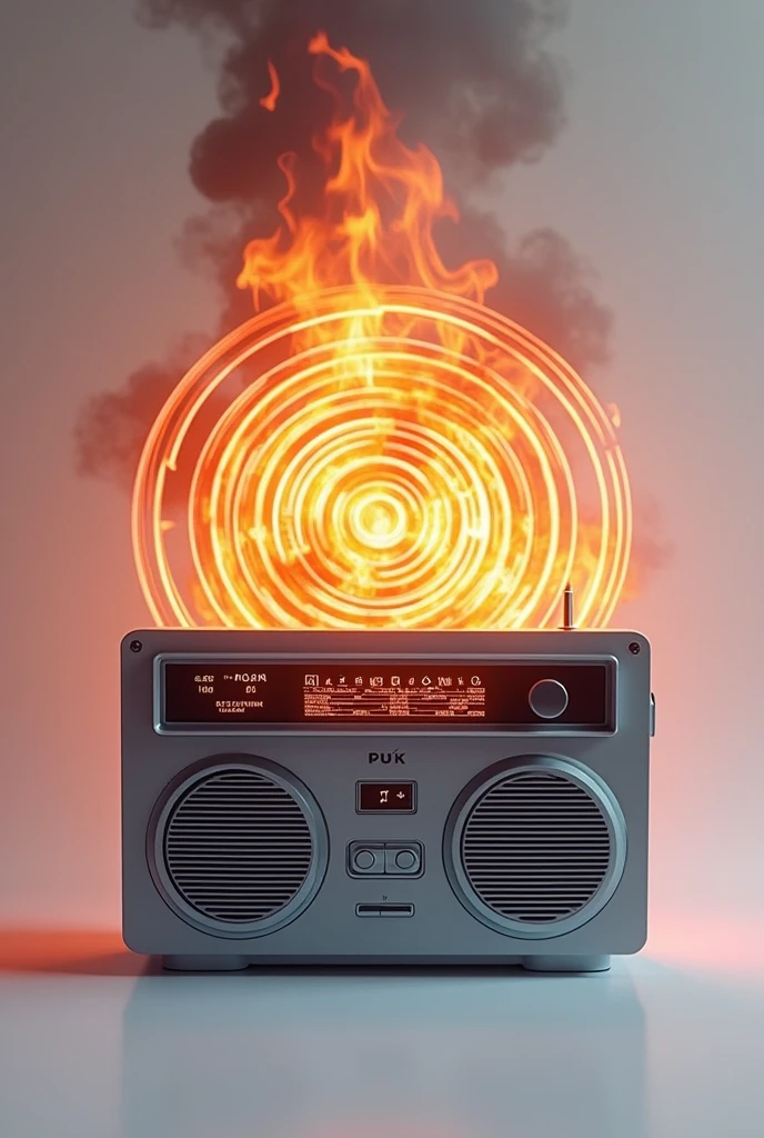 A modern radio with sound waves echoing out of it with a background of fire on top of the radio. I want the white background and the radio highlighted along with the details. The radio has to be gray I want sound waves echoing in details of letters coming out of the radio 
