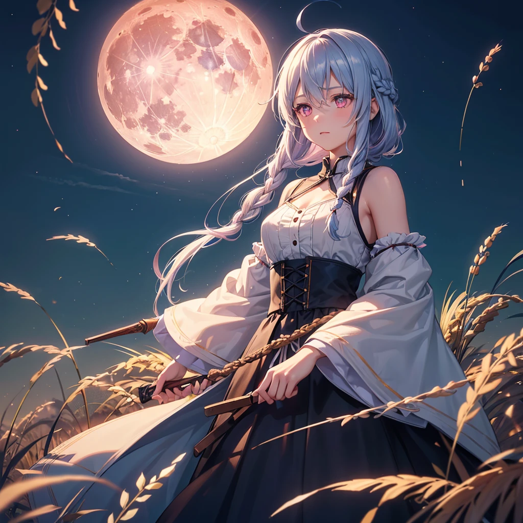 (Sky blue braided medium length hair), (Pink eyes),(Fair skin)  ,(whole body),(One Girl),(harvest moon),(A large amount of Miscanthus sinensis in the background),autumn,(full moon),(masterpiece, Highest quality, Very detailed, Best Shadow), (Detailed Background), (Beautifully detailed face), High Contrast, (Best lighting, Very delicate and beautiful), ((Cinematic Light)), Hyper Detail,8k, Dramatic Light, Intricate details