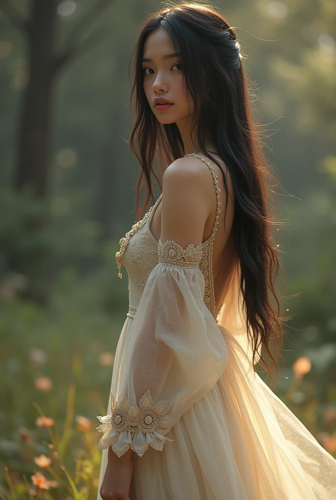 Full body Beautiful girl with straight long hair, bohemian dress