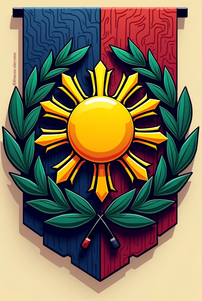Design a logo for a Filipino club incorporating the following elements: A stylized sun with eight rays, representing the first provinces that revolted against Spanish rule. Use a bright yellow with clean, geometric lines for the sun. Surround the sun with a laurel wreath in deep green, symbolizing honor. Integrate subtle woven patterns or textures in the background using shades of blue and red. Incorporate yellow, blue, red, and white to reflect the colors of the Philippine flag. Include the club’s name Filipino Club A.Y 2024 - 2025 beneath or around the sun in a modern, clean font. Use deep blue or dark red for the text to ensure it stands out against the vibrant background.