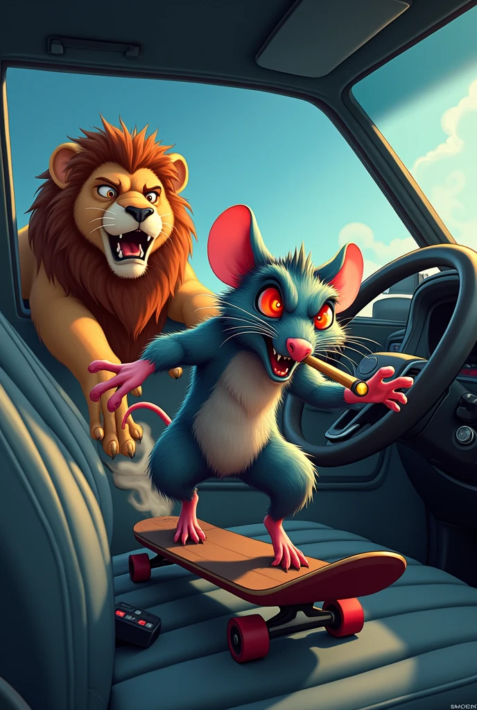 Rat using tobacco and with red eyes riding a skateboard while the PROERD lion, all irritated, follows him inside a police car