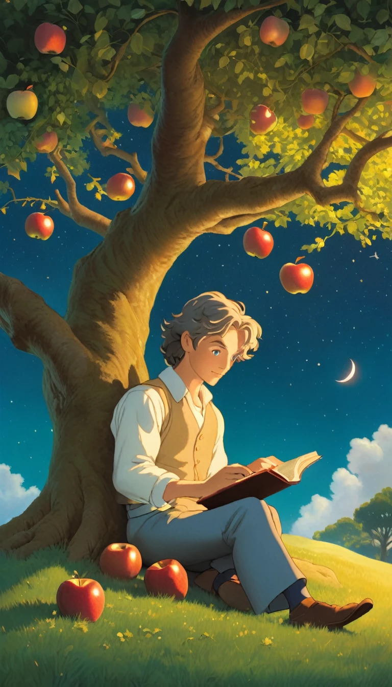 Create a high-resolution image in the style of Studio Ghibli, depicting young Isaac Newton sitting under a large, ancient apple tree. An apple is frozen in mid-air as it begins to fall from a branch beside him. The background should capture a serene English countryside with rolling green hills under a twilight sky transitioning from day to night. The sky is filled with constellations and swirling patterns of stars, subtly forming the equation for gravitation (F = G(m₁m₂/r²)). Newton holds an open book in his hands, deeply engrossed in its contents, with a small pile of three other books placed beside him on the grass, symbolizing his thirst for knowledge. The scene should have a magical ambiance, with soft, glowing light filtering through the leaves and a subtle radiance surrounding Newton, emphasizing his brilliance and the moment of inspiration. The light emanating from behind the apple should heighten the sense of wonder and discovery, drawing the viewer into the story of a great mind in the making." Cena cinematográfica, visão do herói, pose de ação, cenário, fundo detalhado, obra de arte, melhor qualidade, alta qualidade, Intrincado, absurdos, Muito detalhado, resolução extremamente alta, 8K, vivid, colorida, Estúdio Ghibli 