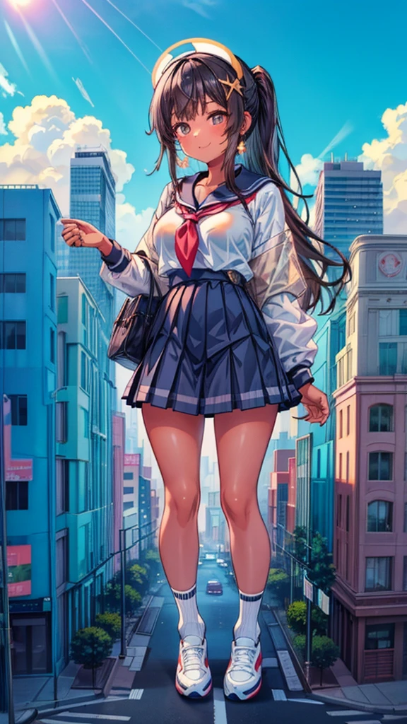 Composition viewed from below blue sky cumulonimbus Sun light masterpiece ((Brown skin)) ((Sunburn)) Anime Style Delicate painting 4K 90's giant Multiple Girls crowd ((Black Hair)) Metropolis crowd Crowd of people ((A giant schoolgirl standing in the valley of a skyscraper city)) Metropolis Tokyo Akihabara Electric Town Big Breasts Sailor suit Her underwear is visible Sweating profusely Splash sneakers White socks watch Black Hair smile female giant giant girl Whole body Crowd Unreal Engine,cleavage ,a drawing of a , earrings, long hair,Cute picture Beauty Analog style whole body sneakers