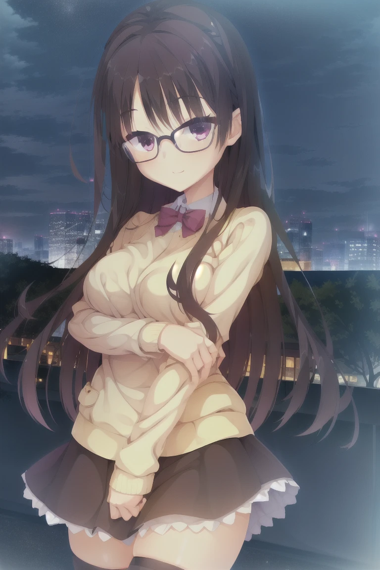 1girl,独奏,smiling, glasses, woman, brown hair, medium hair, A frilly pink sweater with exposed shoulders, black skirt with a ribbon,medium breast, thigh-highs,outdoor,night,City night view,skyscraper,Rooftop,whole body, expensive_solve, clear_image, expensive_Contrast, 8k, Sparkling, beautiful_detailed_face_and_eye, (Black Hair:1.25), 白 eye,