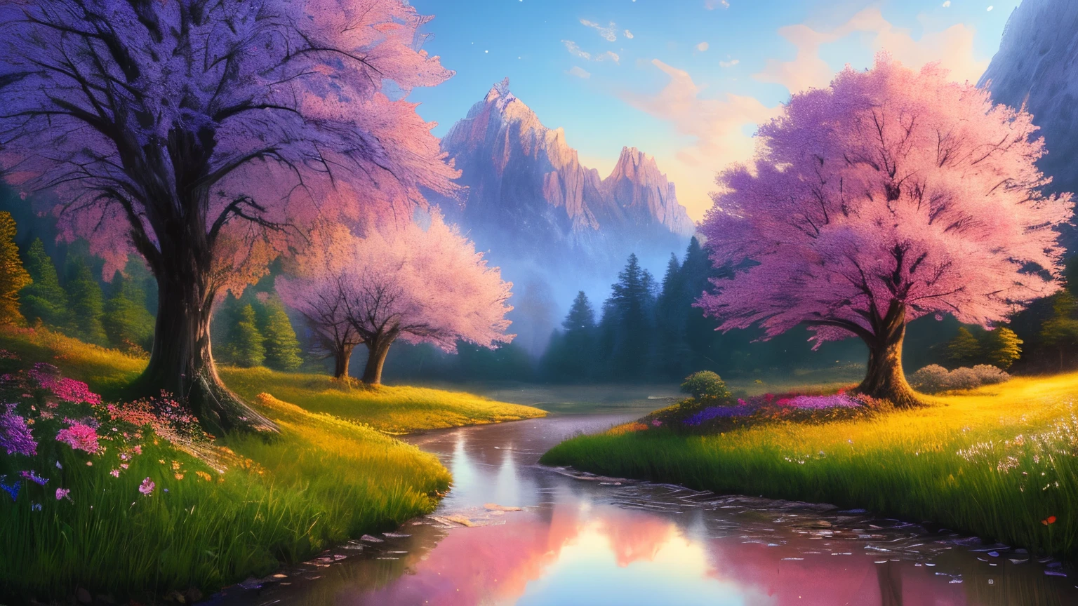 There is a hut under the big tree, beside of the stream, mountain background, , flowers beside fence, masterpiece, best quality, high quality, extremely detailed CG unity 8k wallpaper, An enchanting and dreamy scene of a fantasy forest, with towering trees, glowing mushrooms, and hidden fairy glens, creating a sense of mystique and enchantment, art station, digital illustration, intricate, trending, pastel colors, oil paiting, award winning painting, Bokeh, Depth of Field, HDR, bloom, Chromatic Aberration ,Hyper realistic ,extremely detailed, trending on art station, trending on CGsociety, Intricate, High Detail, dramatic, art by midjourney
