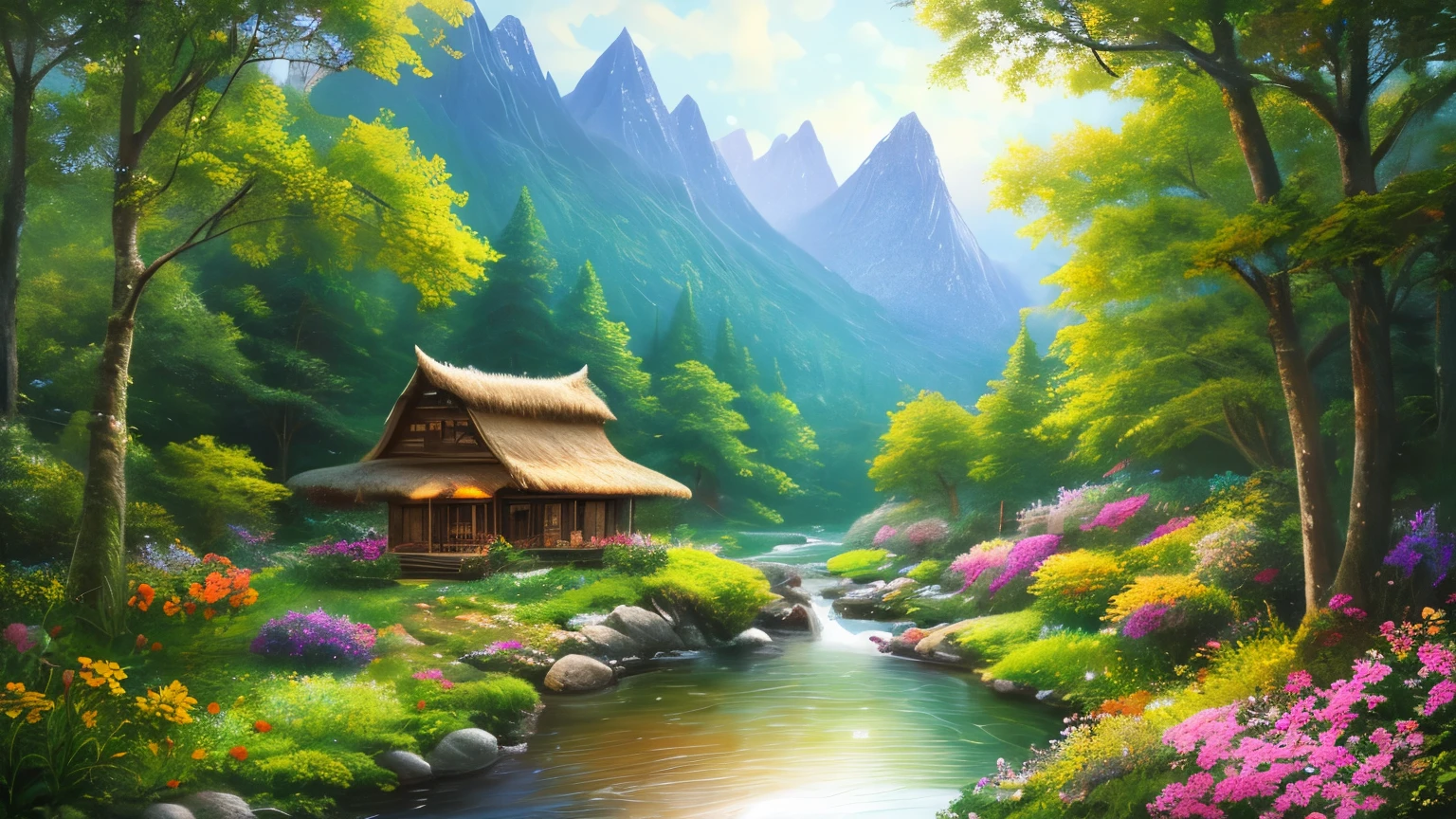 There is a hut under the big tree, beside of the stream, mountain background, , flowers beside fence, masterpiece, best quality, high quality, extremely detailed CG unity 8k wallpaper, An enchanting and dreamy scene of a fantasy forest, with towering trees, glowing mushrooms, and hidden fairy glens, creating a sense of mystique and enchantment, art station, digital illustration, intricate, trending, pastel colors, oil paiting, award winning painting, Bokeh, Depth of Field, HDR, bloom, Chromatic Aberration ,Hyper realistic ,extremely detailed, trending on art station, trending on CGsociety, Intricate, High Detail, dramatic, art by midjourney