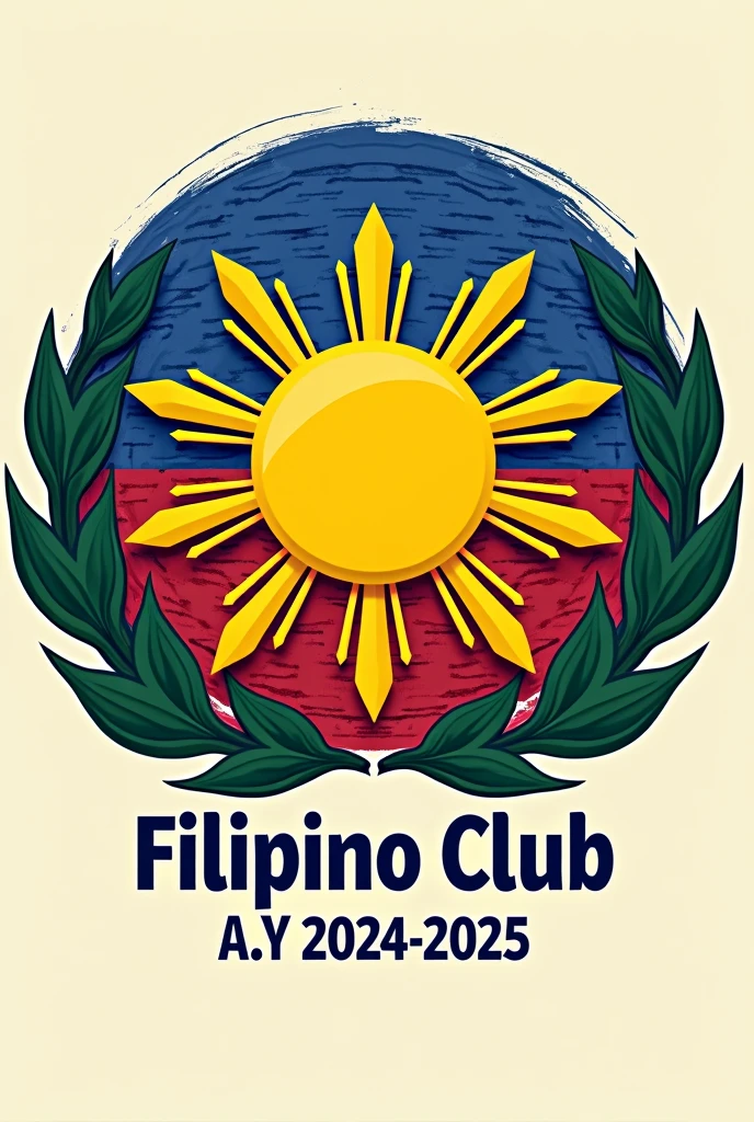 Design a logo for a Filipino club incorporating the following elements: A stylized sun with eight rays, representing the first provinces that revolted against Spanish rule. Use a bright yellow with clean, geometric lines for the sun. Surround the sun with a laurel wreath in deep green, symbolizing honor. Integrate subtle woven patterns or textures in the background using shades of blue and red. Incorporate yellow, blue, red, and white to reflect the colors of the Philippine flag. Include the club’s name Filipino Club A.Y 2024 - 2025 beneath or around the sun in a modern, clean font. Use deep blue or dark red for the text to ensure it stands out against the vibrant background.