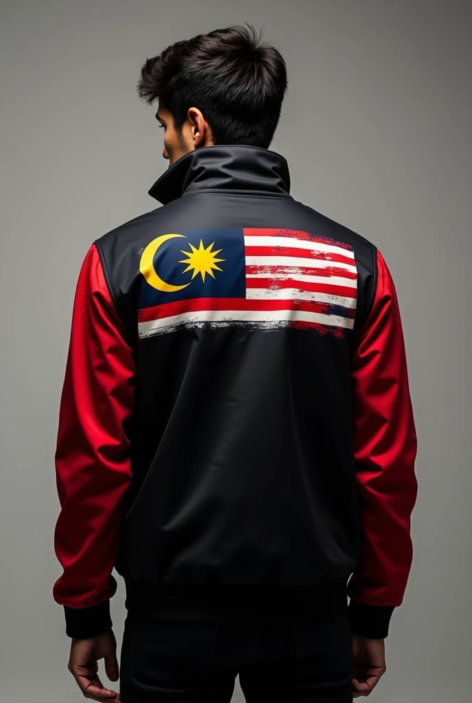 Jacket. Black body red arm. Malaysia logo abstract flag. The logo is abstract Malaysia flag. The logo is on of top right shoulder
