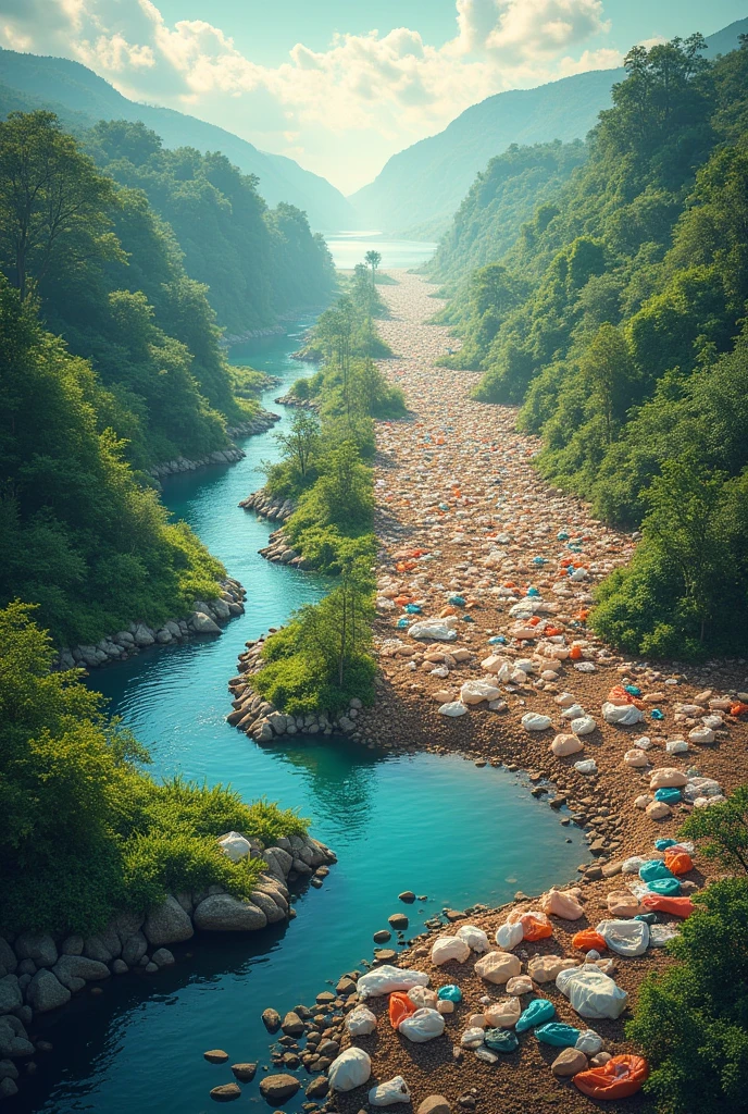 the poster  split two side image. On one side, there's a vibrant, healthy with lush greenery, clean rivers, and thriving wildlife. The other side  like fully of plastic  it's  fully desolate and the olace fully brown , with plastic bags littering the ground, choking rivers, and harming animals.