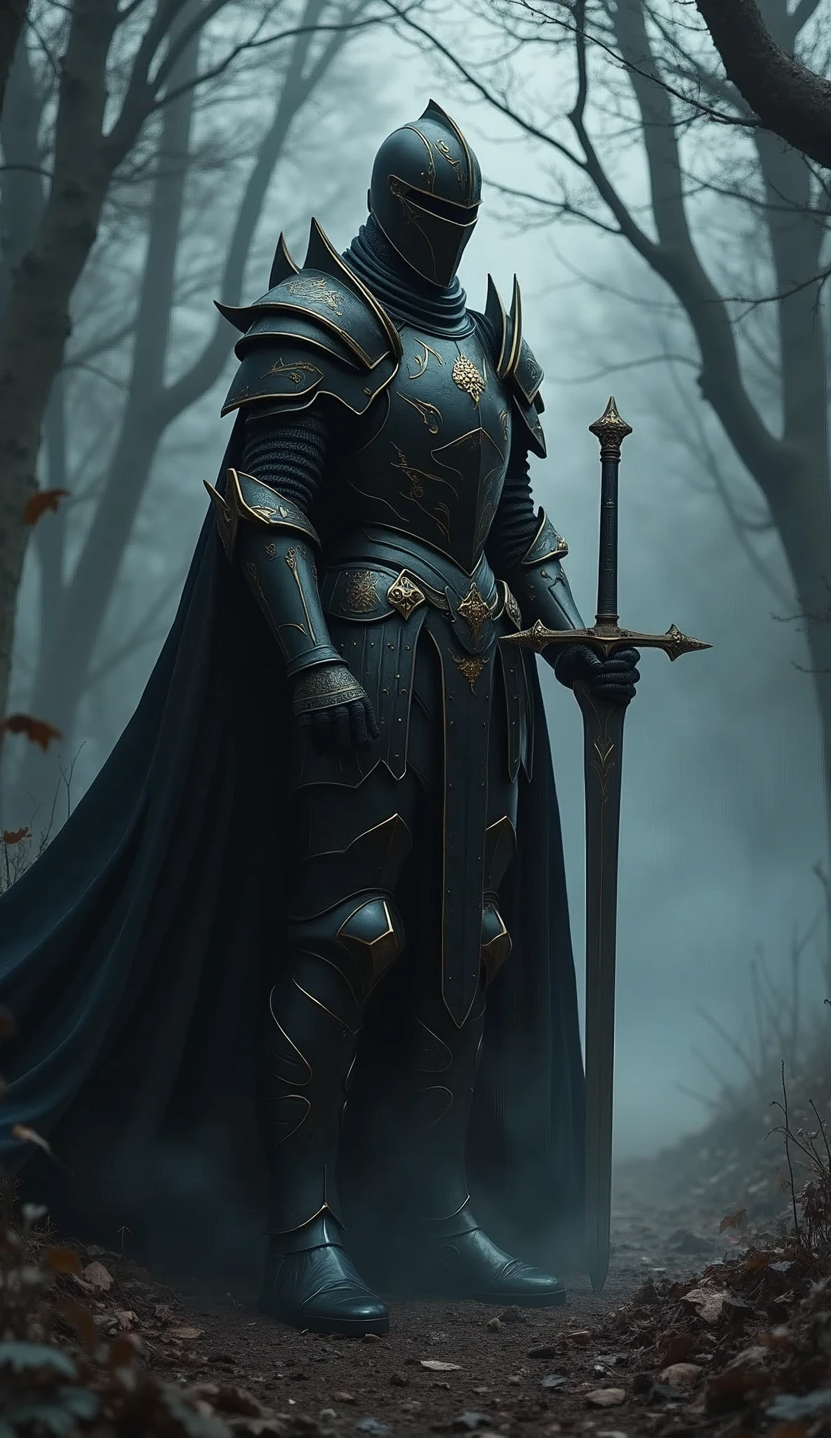 Black Knight,Knight in black armor,Stab the two-handed sword into the ground,Hold the hilt of the sword with both hands,Black Cape,Otherworldly Armor,Gold color line,Night Forest,fog,Cloak fluttering in the wind