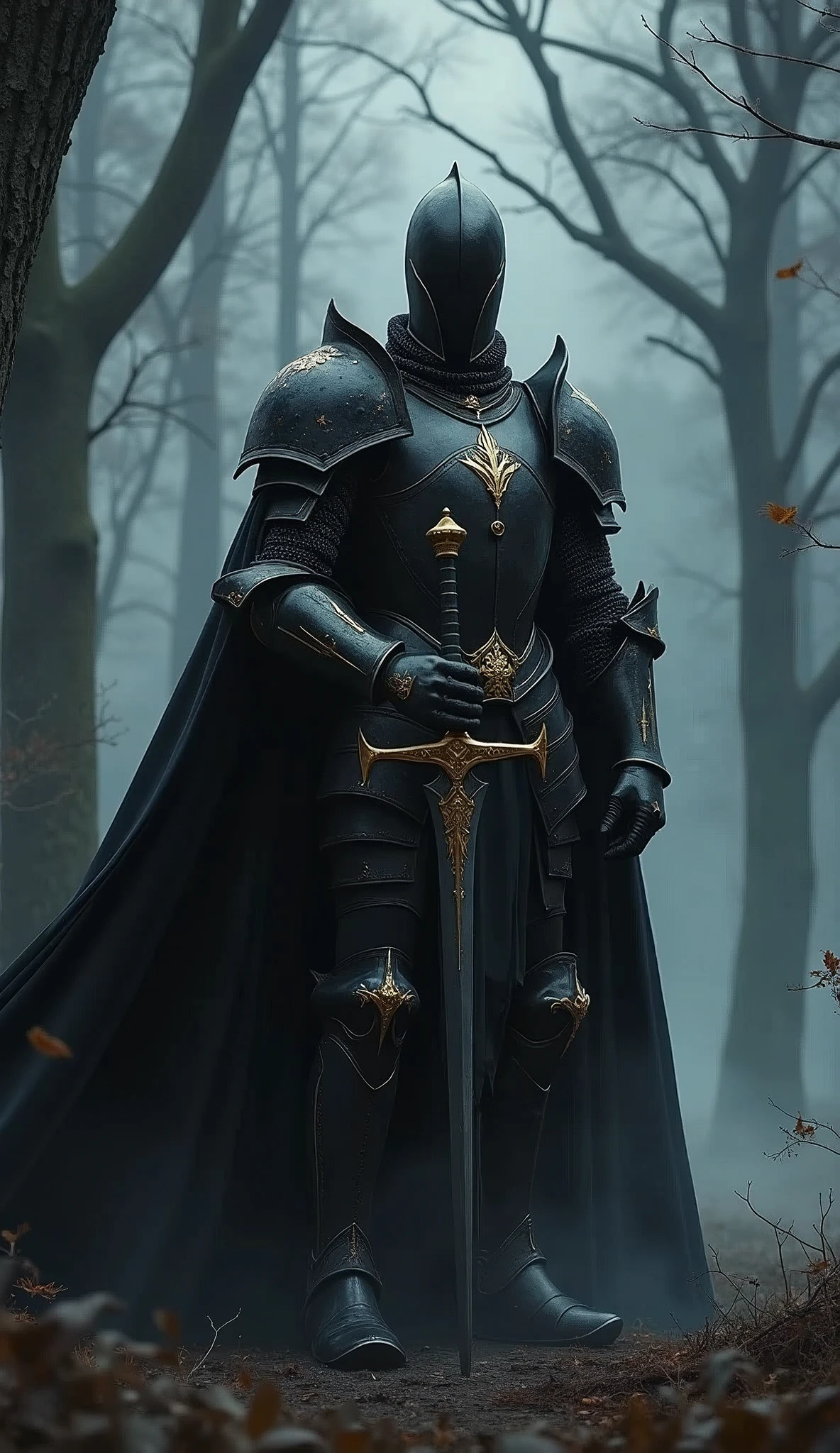 Black Knight,Knight in black armor,Stab the two-handed sword into the ground,Hold the hilt of the sword with both hands,Black Cape,Otherworldly Armor,Gold color line,Night Forest,fog,Cloak fluttering in the wind