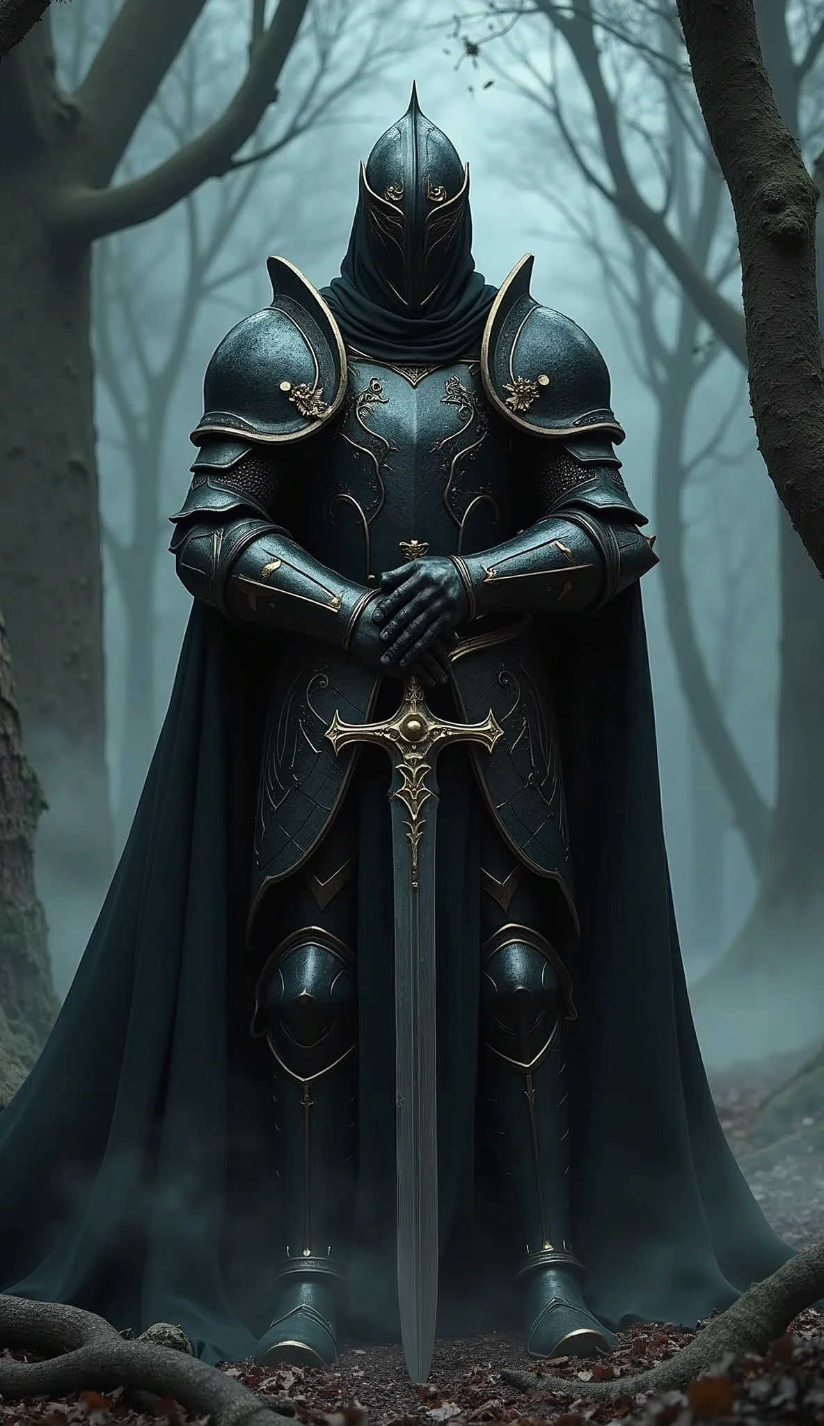 Black Knight,Knight in black armor,Stab the two-handed sword into the ground,Hold the hilt of the sword with both hands,Black Cape,Otherworldly Armor,Gold color line,Night Forest,fog,Cloak fluttering in the wind,Wear a black robe over your armor