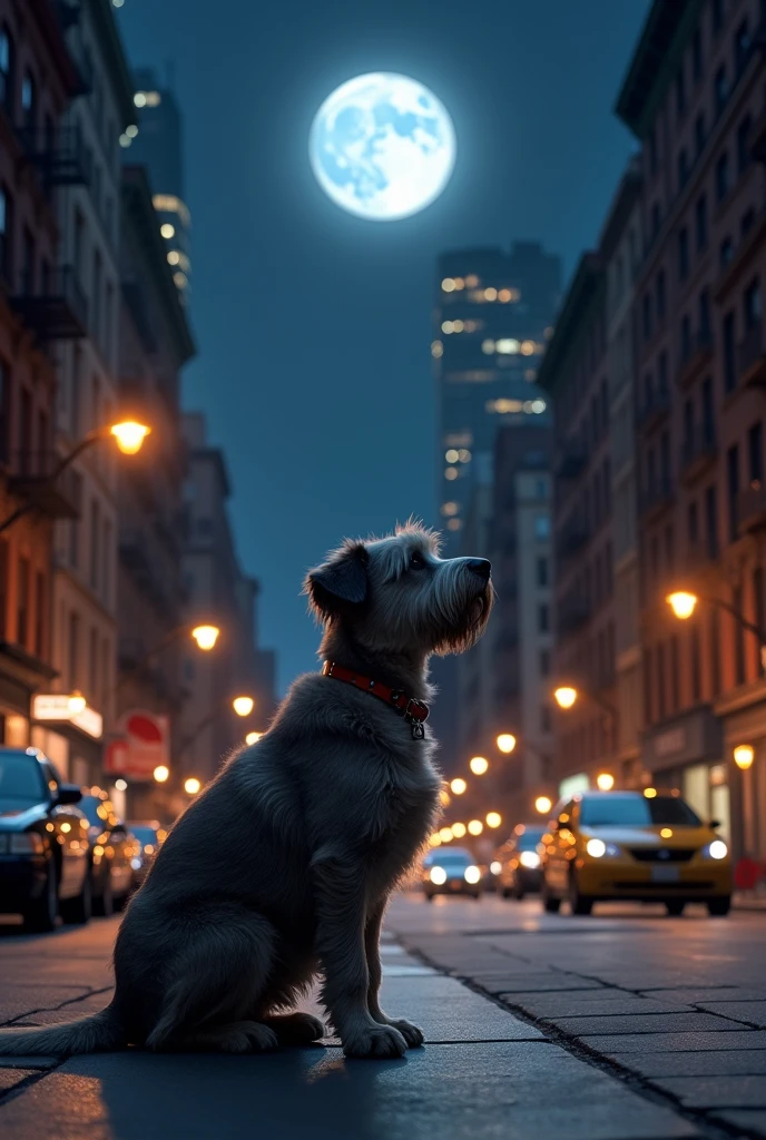 New York street with a dog looking at the moon 