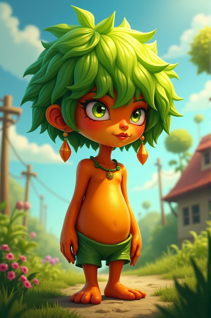Create me an OC of a Peashooter from Plants vs Zombies. The peashooter is female and orange except for the hair which is green. She wears dangling earrings but has no ears. The most important detail is that their eyes are through leaves,what her hair is, be hidden.