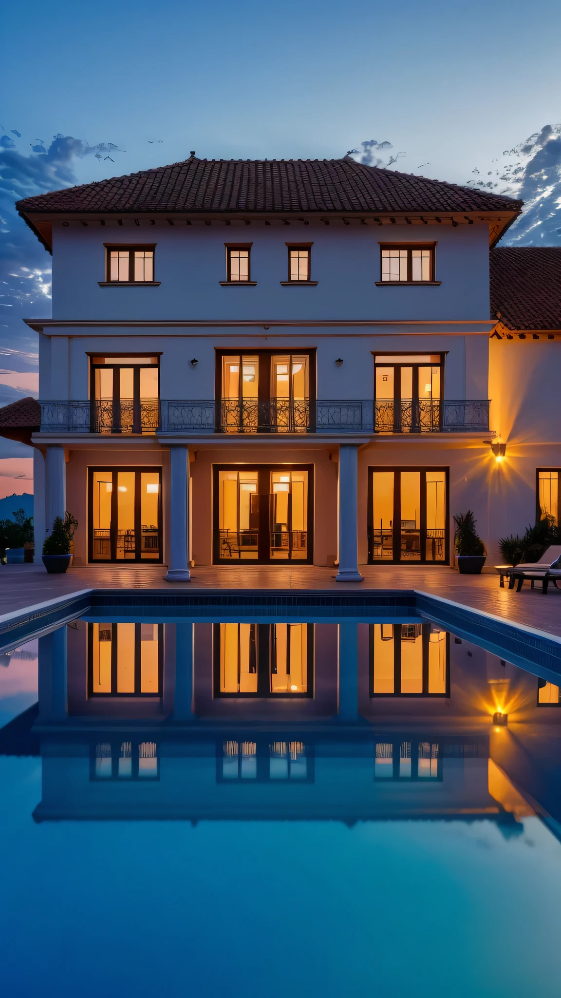 High resolution,Lens reflection, masterpiece, best quality, detailed, multi-storey old villa at sunset in the clouds with several pools