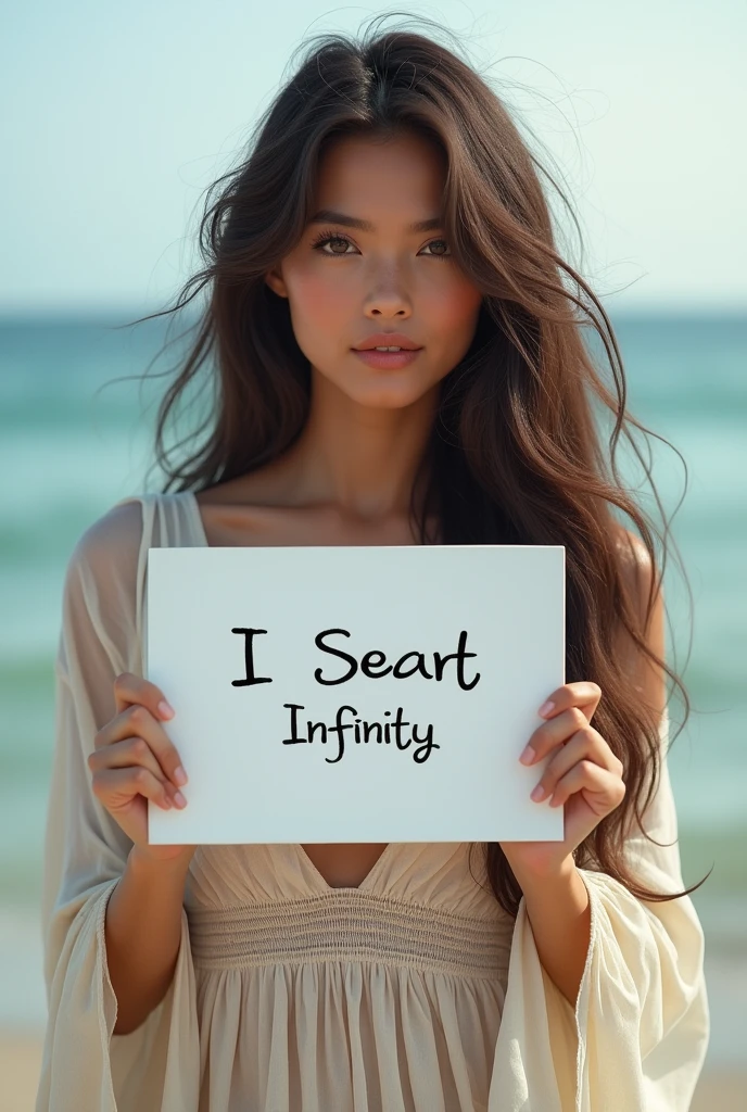 Beautiful girl with wavy long hair, bohemian dress, holding a white board with text "I Love Seaart Infinity" and showing it to the viewer