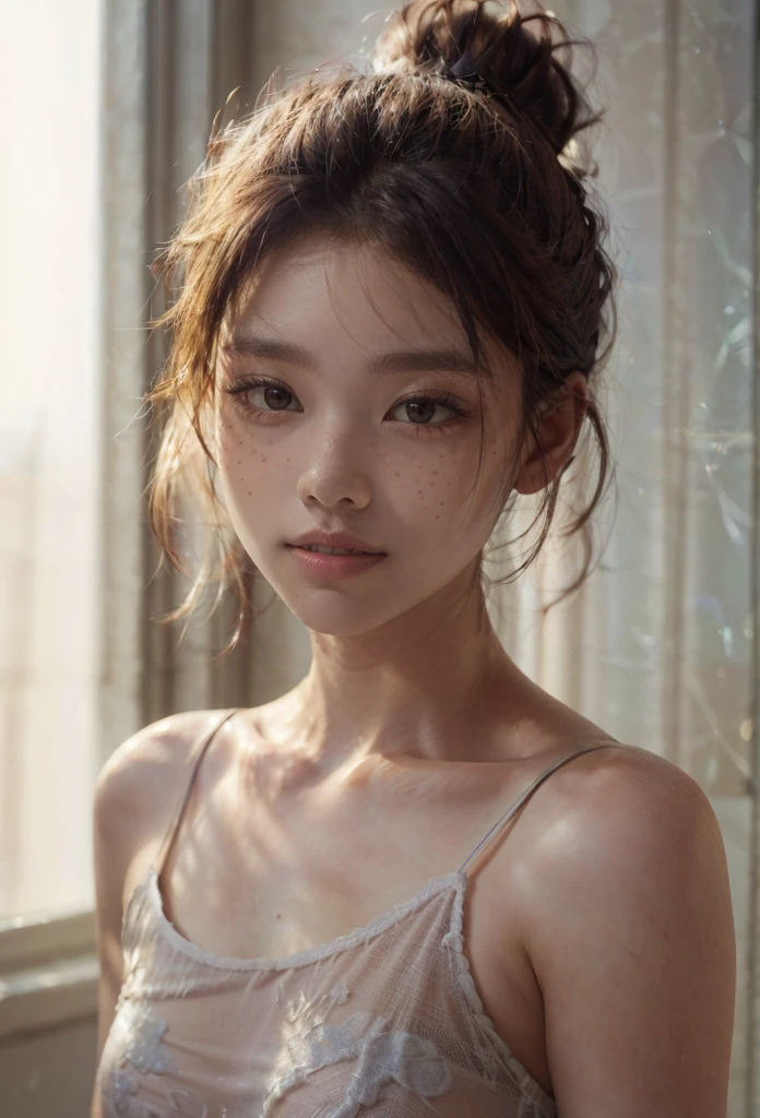 (best quality,4k,8k,highres,masterpiece:1.2),ultra-detailed,(realistic,photorealistic,photo-realistic:1.37),beautiful detailed eyes,beautiful detailed lips,extremely detailed eyes and face,longeyelashes,1 girl,portrait,fantasy landscape,magical forest,glowing fireflies,warm sunlight,dramatic lighting,vibrant colors,cinematic, cute face, pretty girl, ((smile))