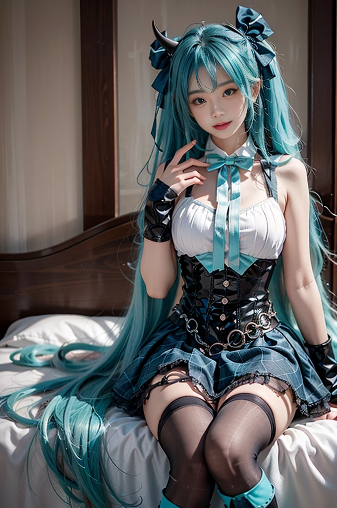 hatsune miku cosplay costume, hatsune miku, cosplay, aqua hair, very long hair, twintails, shirt, corset, skirt, plaid skirt, detached collar, detached sleeves, arm warmers, bowtie, bow, horns, demon horns, demon wings, demon tail, ribbon, o-ring, chain, thigh strap, hair ribbon, hair bow, thighhighs, torn thighhighs, knee boots, belt boots, platform boots (best quality, masterpiece:1.2), tianfeng1, Extremely detailed, (Practical:1.37), beautiful, youth, Glamorous model, Warm colors, ((A full body perspective，Naturally bent knees，Skin is firm and smooth)), ((In the old-fashioned room，Sit on the edge of the bed，Lean back，Support your body with your elbows)), ((Elegant and natural posture)), (big eyes, Delicate eyes, Delicate lips, Delicate eyes), Available in white with floral pattern, Show a bright smile, fit, Full breasts, ((Big breasts)), Long legs, Create a stunning picture of a girl enjoying her sleep